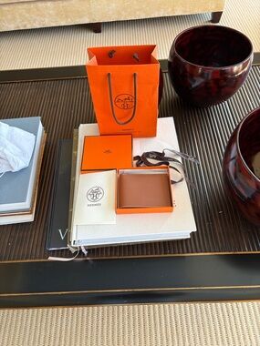 Hermes Orange & Brown Leather Card Holder with Signature Box